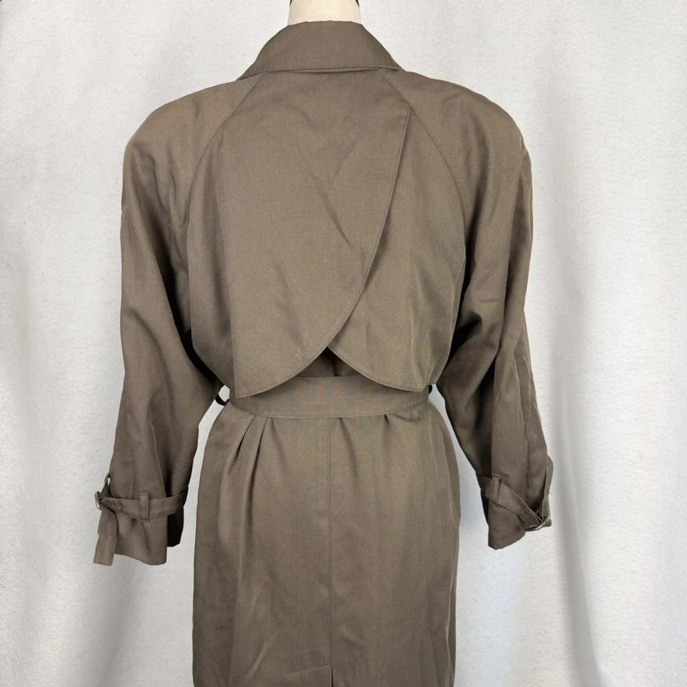 London Fog Trench Coat Womens 8 Petite Double Breasted Belted Olive Green
